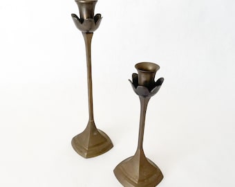 Set of 2 Mid Century Vintage Brass Tulip Candlesticks