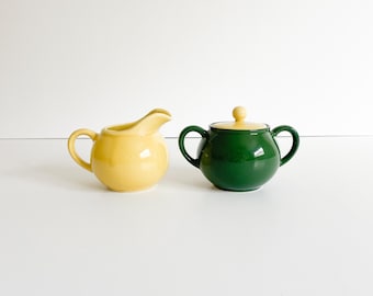 Vintage Mid Century Green and Yellow Ceramic Sugar Bowl and Creamer Set