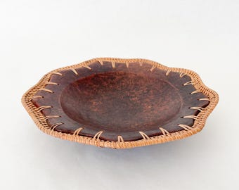 Vintage Handmade Faux Tortoise Shell Ceramic Bowl with Woven Rattan Rim