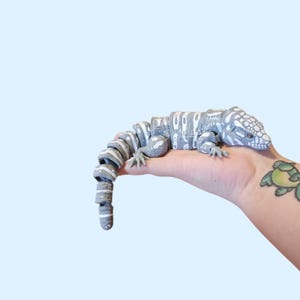 May include: A grey and white articulated lizard toy with a segmented body and a long, curled tail. The lizard is resting on a hand, showcasing its detailed design and colour pattern. The toy's texture and form are clearly visible.