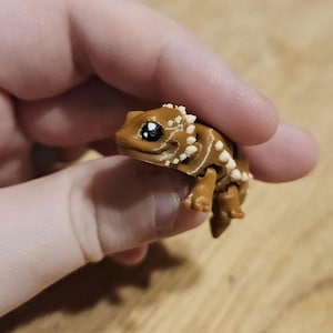 May include: A brown and white 3D-printed gecko figurine. The gecko has detailed features, including small legs, a textured body, and white spikes along its back. The figurine is held in a person's hand.