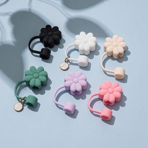 Può includere: Una collezione di tappi per cannucce a forma di fiore in silicone colorato: nero, bianco, verde, lavanda, pesca e rosa. Alcuni hanno piccoli ciondoli dorati con lettere. Accessori per cannucce.
