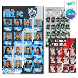 May include: Team roster posters for Fire FC football, Rowland football, and Bulls basketball, all for the 2025-26 season. Each poster features player headshots and names, with team logos and colour schemes. The posters are designed for sports teams.
