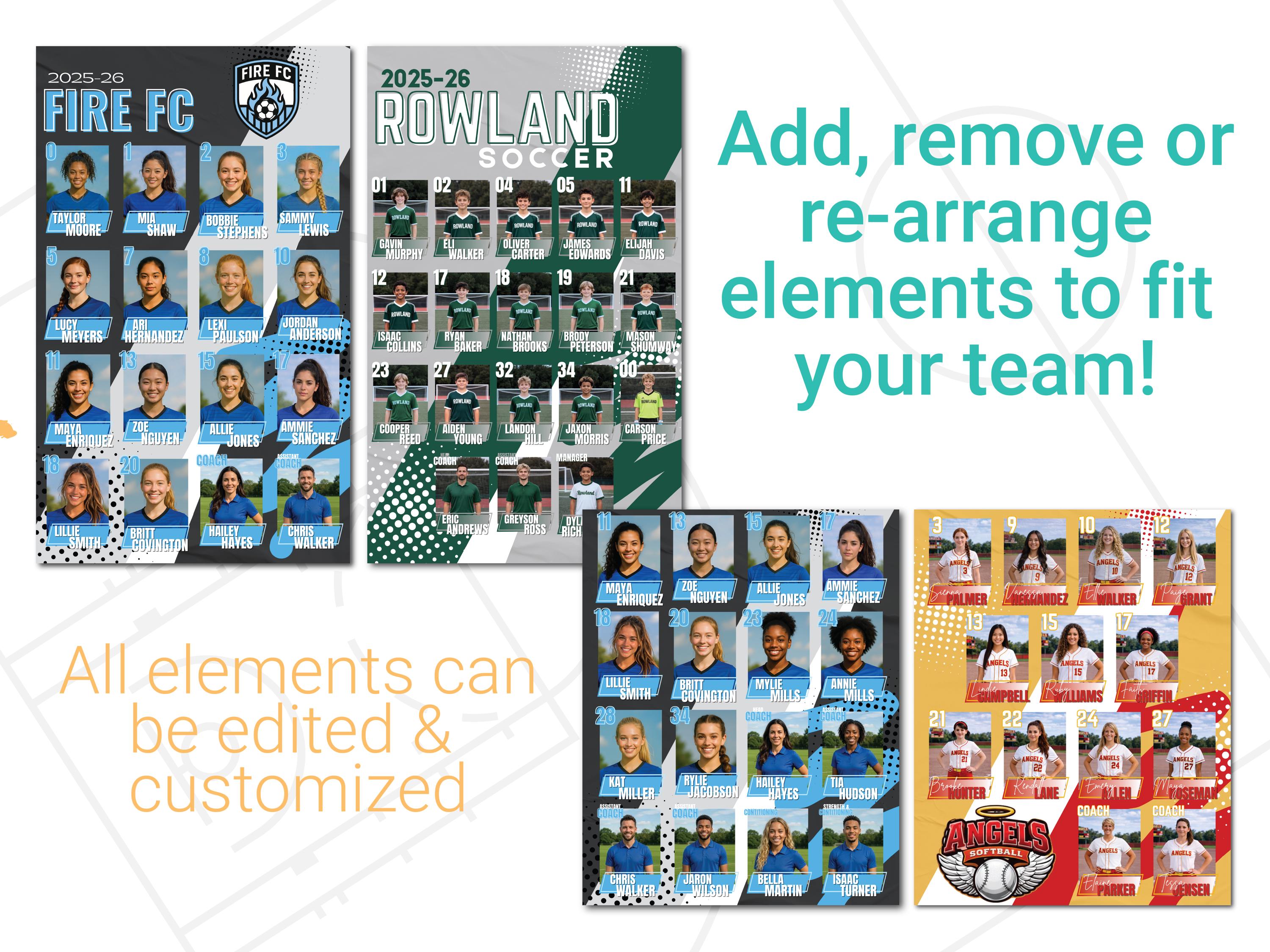 Team Roster Template Canva Editable | Sports Team Roster Poster | Coach ...