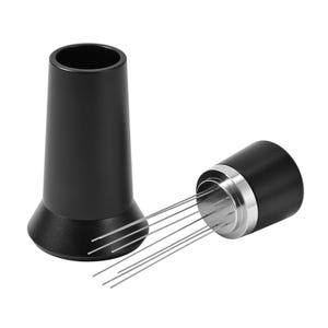 May include: A black coffee distribution tool with a silver rim and multiple thin needles. The tool is designed to break up clumps in ground coffee for espresso preparation. The tool is shown with its stand.