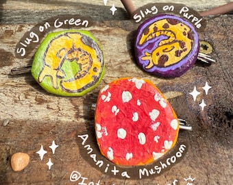 Banana slugs and mushroom Hand painted bottle cap pins