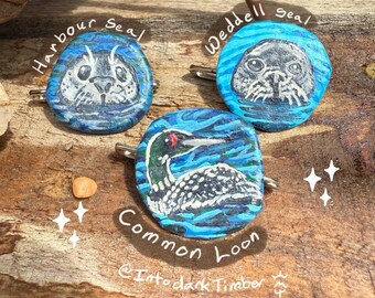 Seals and loon Hand painted bottle cap pins