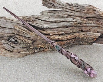 Rose Quartz Floral Wizard Wand: Handcrafted Wood Fantasy Wand