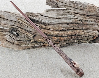 Runic Raven Skull Wizard Wand: Handcrafted Wood & Polymer Clay Fantasy Wand