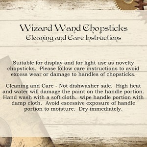 May include: A cream-colored card with the text "Wizard Wand Chopsticks Cleaning and Care Instructions." The card provides care instructions for novelty chopsticks, including hand washing and avoiding excessive moisture.
