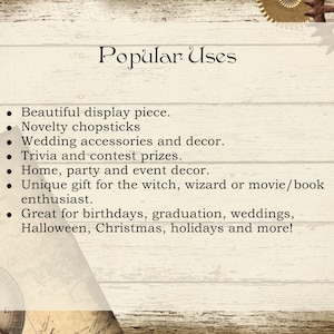 May include: A wooden background with the text "Popular Uses" in elegant script. Below, bullet points list uses such as display pieces, wedding decor, trivia prizes, and gifts for various occasions, including birthdays and holidays.