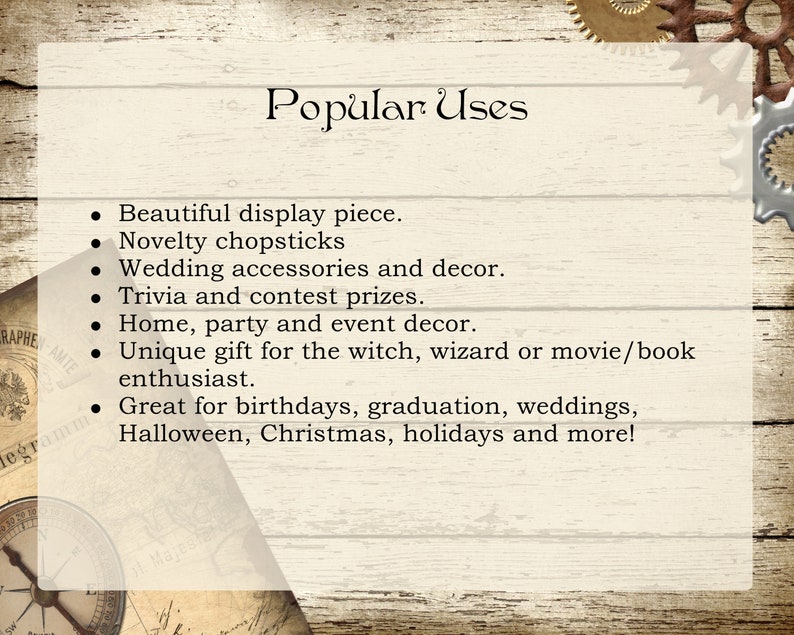 May include: A wooden background with the text "Popular Uses" in elegant script. Below, bullet points list uses such as display pieces, wedding decor, trivia prizes, and gifts for various occasions, including birthdays and holidays.