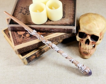 Amethyst Quartz Wizard Wand: Handcrafted Floral Wood & Polymer Clay Magic Wand