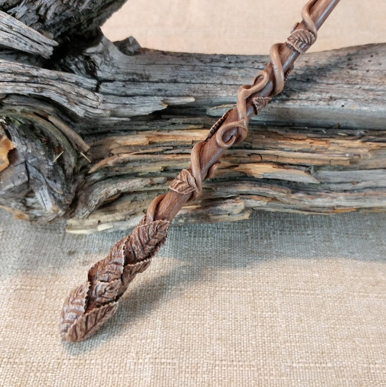 Brown Vine Leaf Wizard Wand / Wood Magic Wand / Fantasy Wand / Master Handcrafted Wand image 1