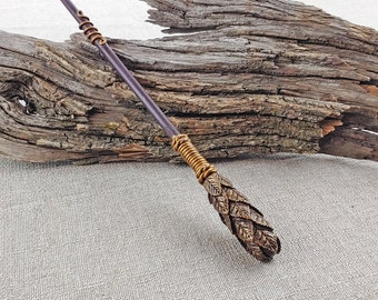 Gold Leaf Wizard Wand: Hand-Sculpted Polymer Clay, Wood Magic Wand