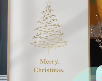 Póster navideño minimalista moderno / Árbol con líneas doradas / Impresión navideña neutra / Descarga digital