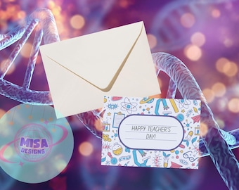 May include: An off-white envelope and a greeting card with a science-themed design. The card reads "HAPPY TEACHER'S DAY!" and features illustrations of lab equipment and scientific symbols. The background has a DNA strand.