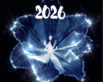 Pode incluir: Imagem de arte digital com uma flor azul brilhante com um centro branco sobre um fundo preto. O número "2026" é exibido em branco acima da flor. A flor tem uma qualidade luminosa e etérea.
