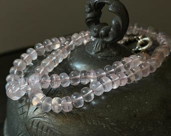 Hand Knotted Rose Quartz Necklace: Pink Silk, Sterling Silver Clasp