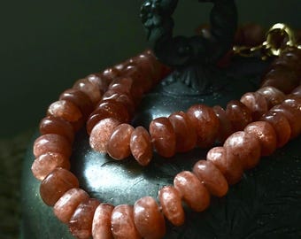 Chunky sunstone necklace hand knotted on silk; gold vermeil sailor clasp