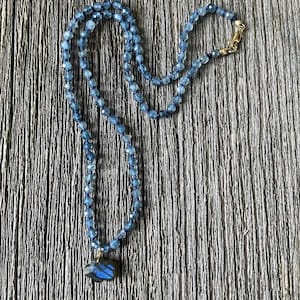 14k Gold Labradorite Pendant Necklace: Hand Knotted Aquamarine Beaded Silk