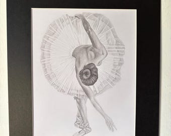 May include: A pencil drawing of a ballerina in a white tutu, gracefully posed with one arm raised. The artwork is matted in white and framed in black, creating a striking contrast. The ballerina is wearing pointe shoes.