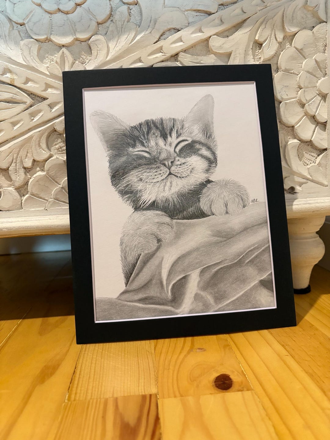 Cat Graphite Original Happy Cat Graphite Sketch - Handmade Home Decor, Cat Wall Art ...