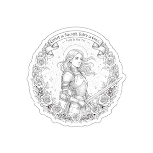 Naklejka „Odziani w siłę i łaskę” – Księga Przysłów 31:25, Chrześcijańska naklejka wycinana 3-calową matrycą, prezent wiary dla kobiet