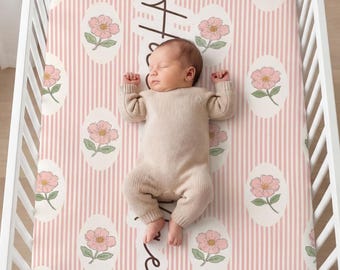 Custom Cottagecore Vintage Floral Crib Sheet for Baby Girl Nursery Custom Name Pink Striped Bedding Soft Boho Baby Shower Gift for Newborn