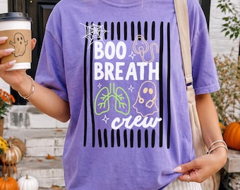 Respiratory Therapist Halloween Shirt, Boo Breath Crew Tee Respiratory Nurse Gift RT Shirt Lung Stethoscope Shirt Spooky Healthcare Tee