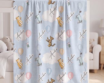 Personalized Honey Bear Baby Name Blanket Balloon Storybook Animal Fleece Throw Custom Baby Boy Baby Girl Nursery Decor Baby Shower Gift