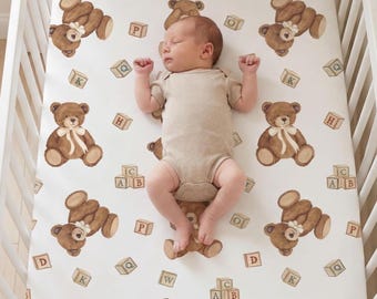 Personalized Teddy Bear Crib Sheet with Baby Name Soft Fitted Nursery Bedding for Baby Boy Girl Baby Sheet, Baby Shower Gift for New Parents