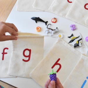 May include: Educational set featuring canvas bags labeled with letters a through i in red and blue. Small toy animals and food items are scattered around the bags, including a dolphin, cat, apple, and donut. A hand holds a purple berry.