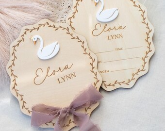 Swan Birth Announcement Photo Prop for Newborn Baby Girl Hospital Photos Personalized Baby Name Sign Birth Stats Keepsake Nursery Decor Swan