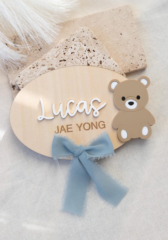 Teddy Bear Wooden Name Birth Announcement Keepsake with Bow Sign Name Plaque Bear Baby Sign Newborn Arrival Photo Prop Baby Boy Birth Stats
