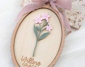 Baby Name Sign Birth Announcement Plaque Month Birth Flower Wooden Sign Scalloped Wood Plaque Newborn Photo Nursery Decor Baby Shower Gift