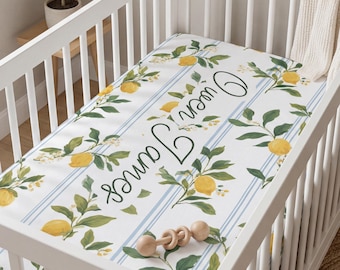 Lenzuolo personalizzato con limone per culla, biancheria da letto per cameretta del bambino, lenzuolo con angoli elasticizzati personalizzato con nome, regalo per baby shower a tema agrumi per la cameretta del bambino, decorazione regalo