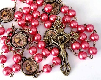 Our Lady of Kazan Bronze Rosary with Pink Glass Pearl Beads Handmade Catholic Heirloom