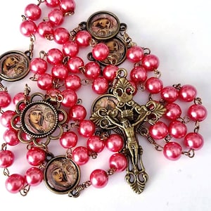 Our Lady of Kazan Bronze Rosary with Pink Glass Pearl Beads Handmade Catholic Heirloom