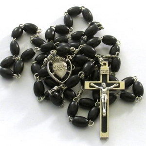 Black Wood Rosary Sacred Heart Medal Black Inlay Crucifix Catholic Handmade Rosary