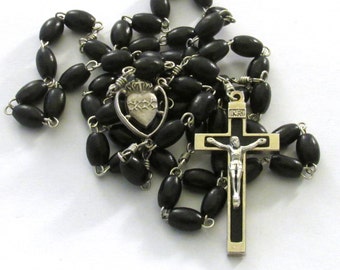 Black Wood Rosary Sacred Heart Medal Black Inlay Crucifix Catholic Handmade Rosary