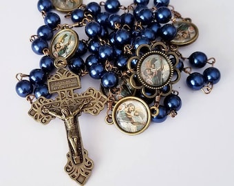 St Christopher Bronze Rosary with Cobalt Glass Pearl Beads Handmade Catholic Heirloom