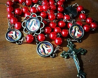 St Therese Bronze Rosary with Red Glass Pearl Beads Handmade Catholic Heirloom