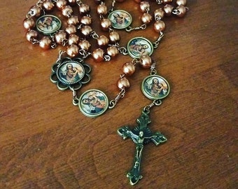 St Joseph Bronze Rosary with Antique Copper Glass Pearl Beads Handmade Catholic Heirloom