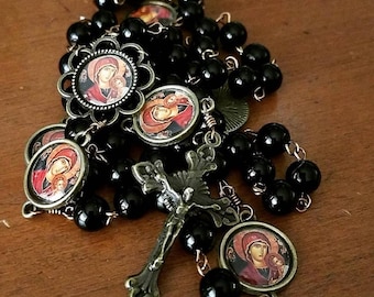 Our Lady of Perpetual Help Bronze Rosary with Black Glass Pearl Beads Handmade Catholic Heirloom