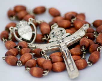 Handmade Wood Bead Catholic Rosary, Sacred Heart Medal Center, Trinity Crucifix Devotional Sacramental