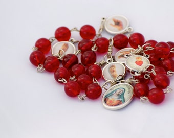 Handmade Ruby Glass Bead Catholic Chaplet of the Five Wounds of Christ with Colored Medals