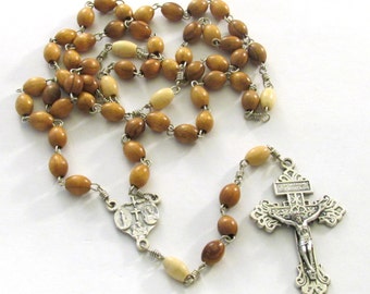 Catholic Handmade Two-Tone Wood Bead Rosary with Indulgenced Pardon Crucifix & Four Way Medal