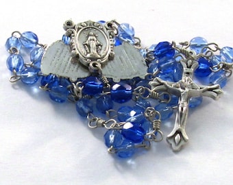 Blue Czech Glass Handmade Catholic Rosary with Mysteries Fan Center Medal