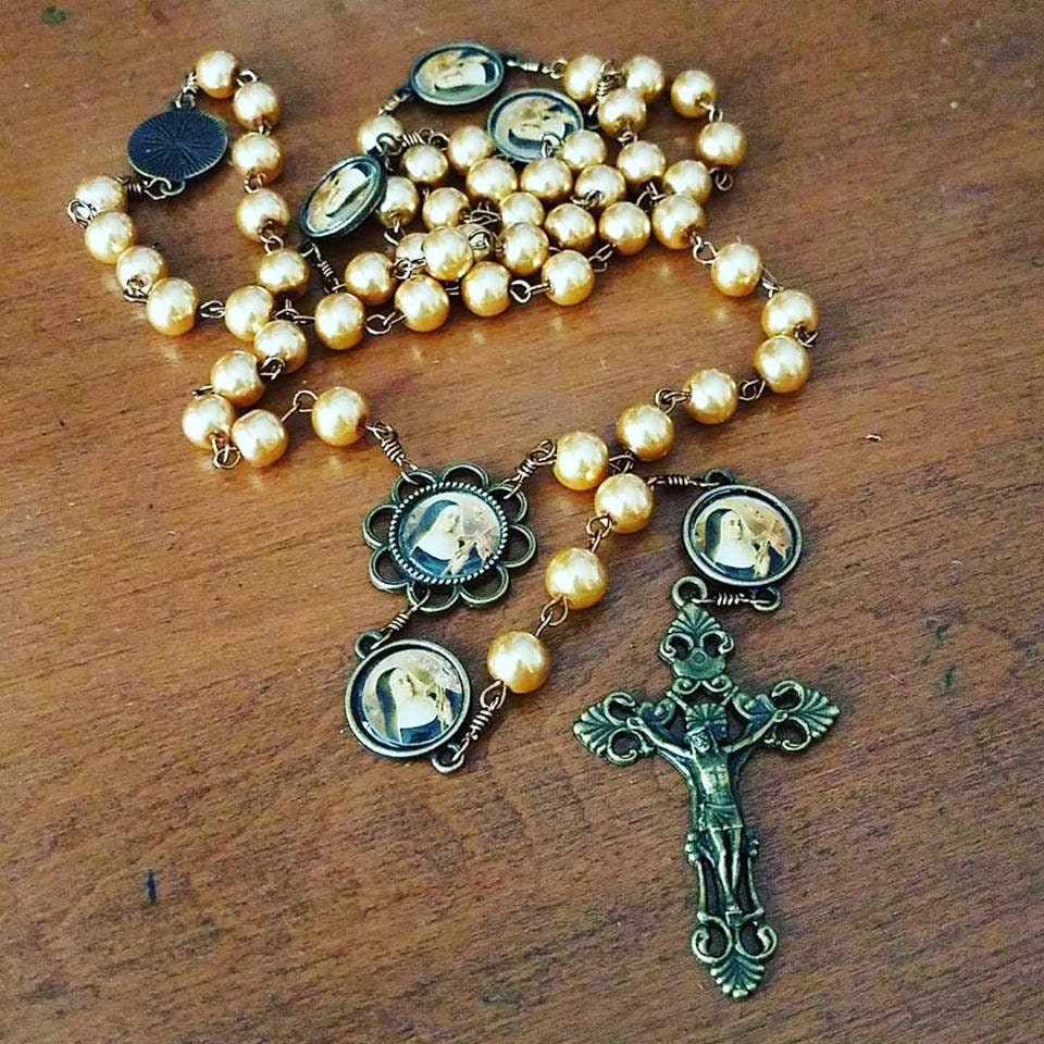 St Rita Bronze Rosary With Gold Glass Pearl Beads Handmade Catholic ...